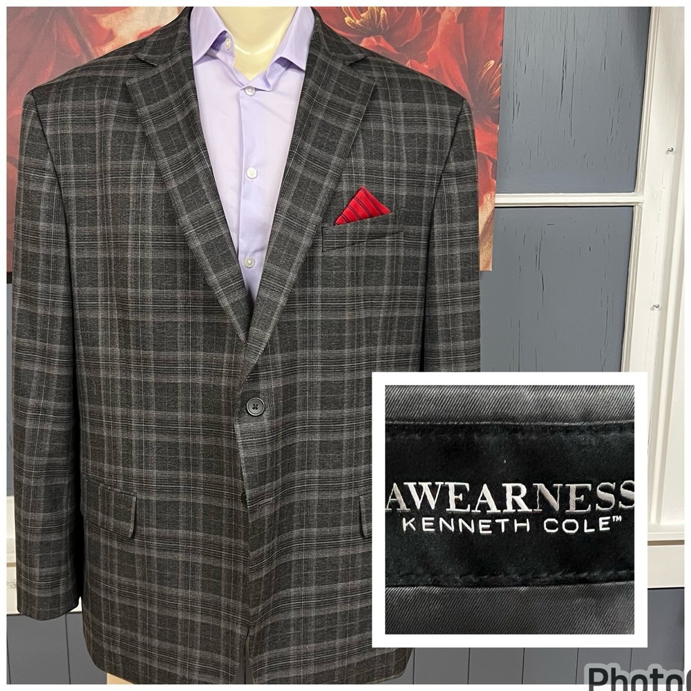 Kenneth Cole Blazer Men 50R Modern Fit Polyester Stretch Jersey Gray/Brown Plaid